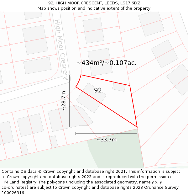 92, HIGH MOOR CRESCENT, LEEDS, LS17 6DZ: Plot and title map