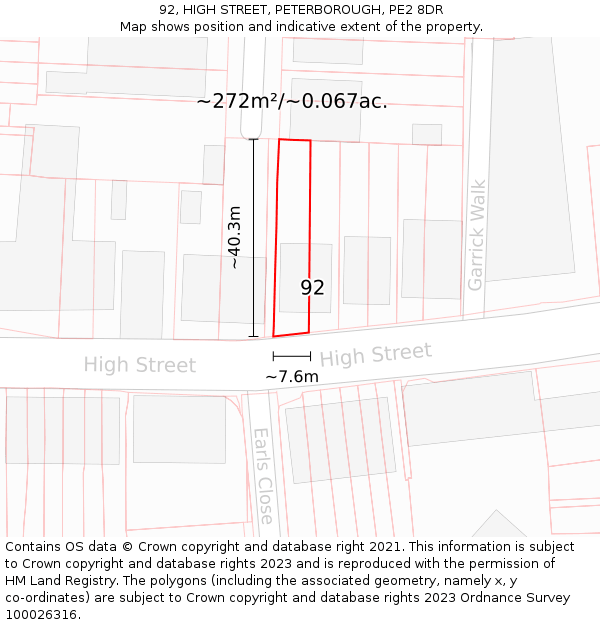 92, HIGH STREET, PETERBOROUGH, PE2 8DR: Plot and title map