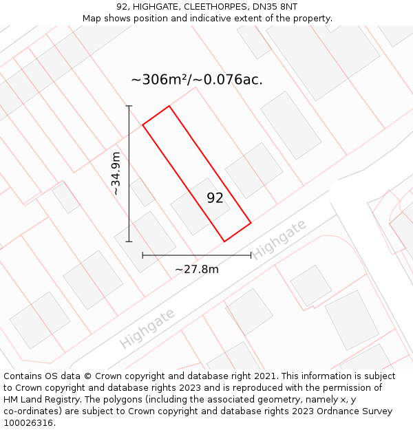 92, HIGHGATE, CLEETHORPES, DN35 8NT: Plot and title map