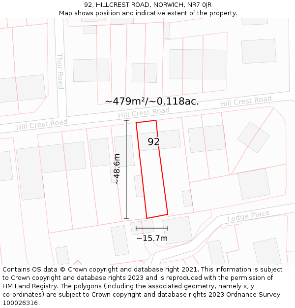 92, HILLCREST ROAD, NORWICH, NR7 0JR: Plot and title map