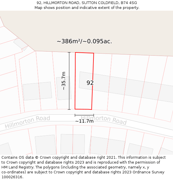 92, HILLMORTON ROAD, SUTTON COLDFIELD, B74 4SG: Plot and title map