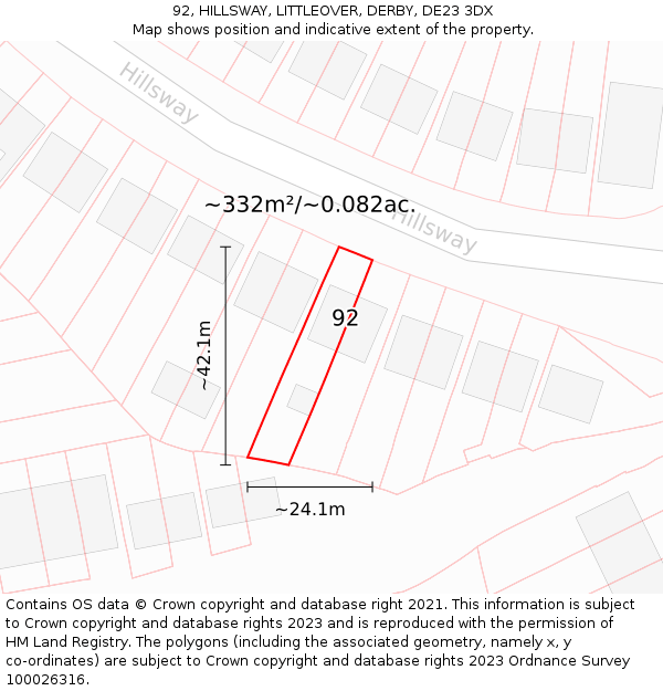 92, HILLSWAY, LITTLEOVER, DERBY, DE23 3DX: Plot and title map