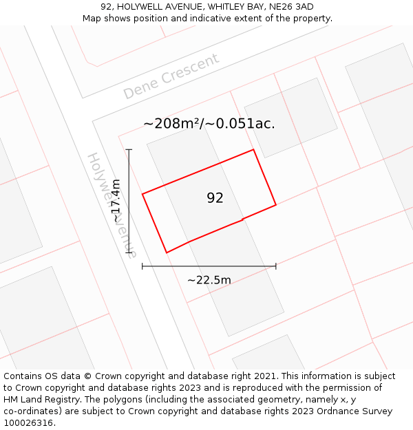 92, HOLYWELL AVENUE, WHITLEY BAY, NE26 3AD: Plot and title map