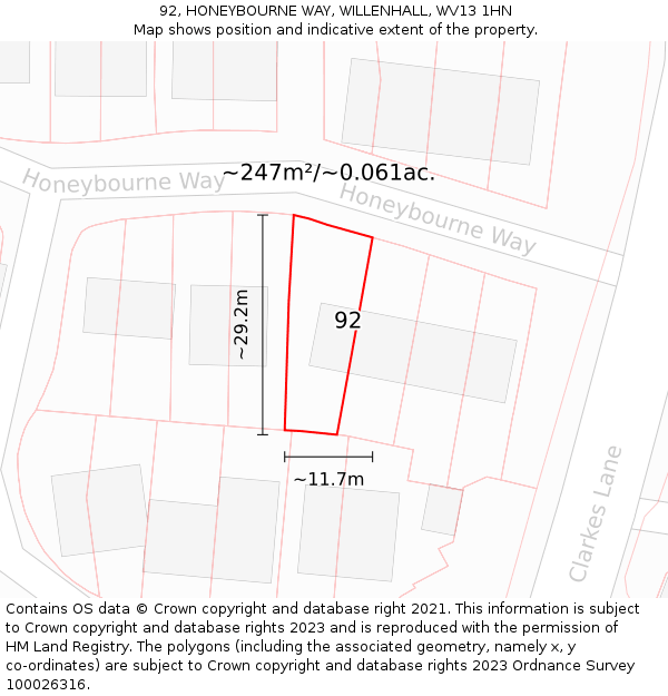 92, HONEYBOURNE WAY, WILLENHALL, WV13 1HN: Plot and title map
