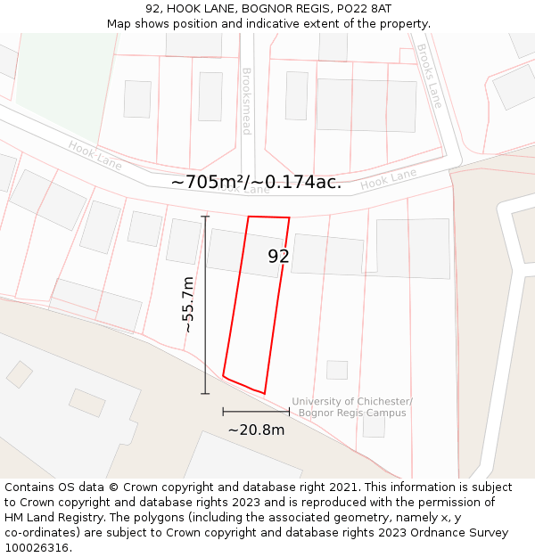 92, HOOK LANE, BOGNOR REGIS, PO22 8AT: Plot and title map