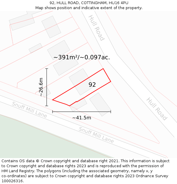 92, HULL ROAD, COTTINGHAM, HU16 4PU: Plot and title map