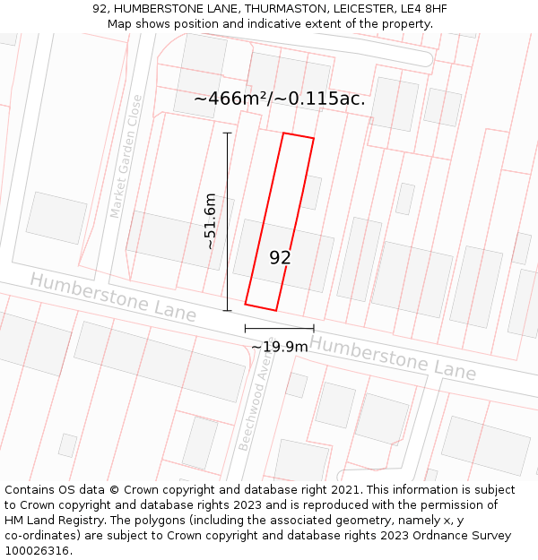 92, HUMBERSTONE LANE, THURMASTON, LEICESTER, LE4 8HF: Plot and title map