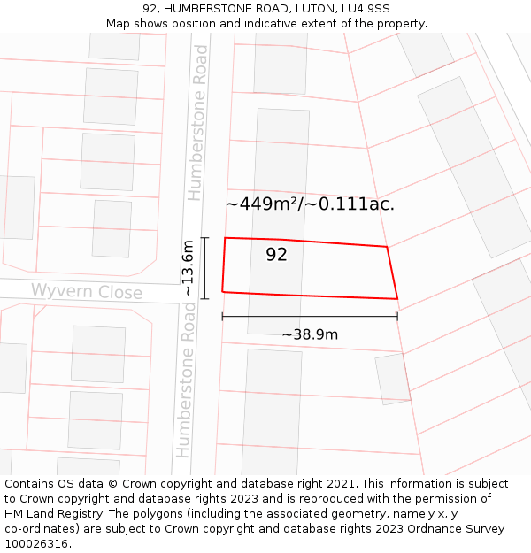 92, HUMBERSTONE ROAD, LUTON, LU4 9SS: Plot and title map