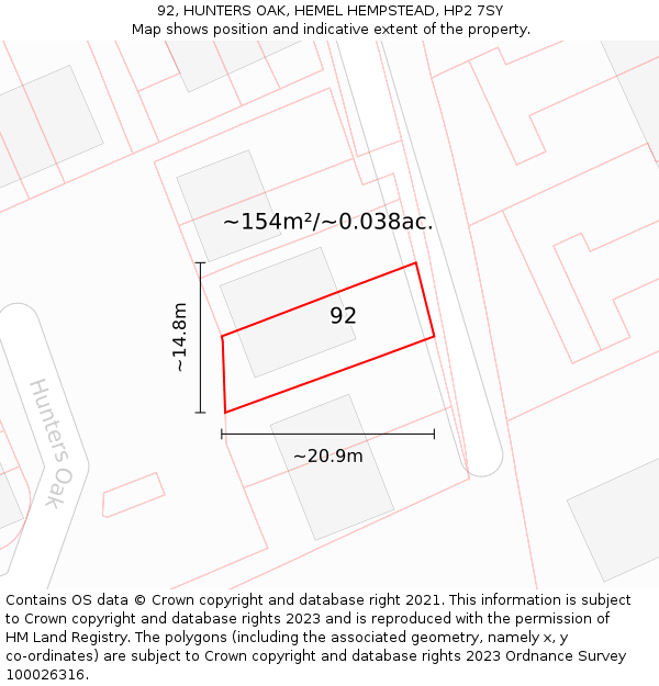 92, HUNTERS OAK, HEMEL HEMPSTEAD, HP2 7SY: Plot and title map