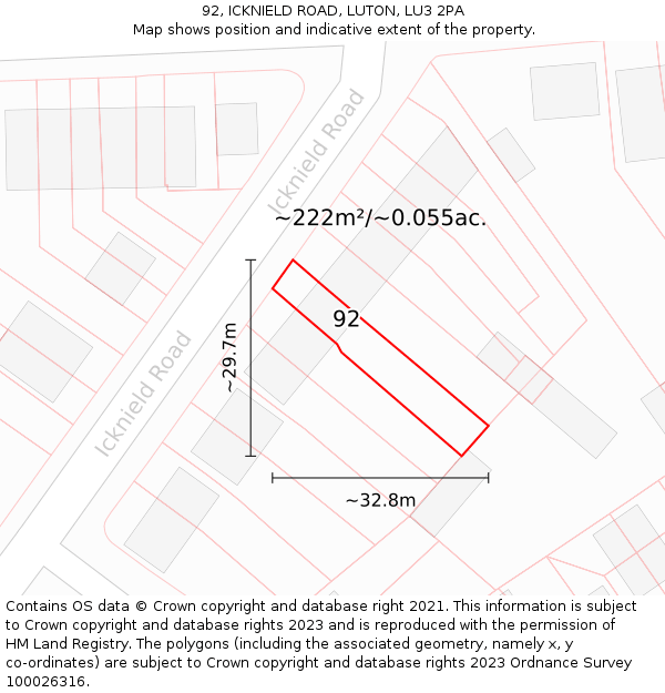 92, ICKNIELD ROAD, LUTON, LU3 2PA: Plot and title map