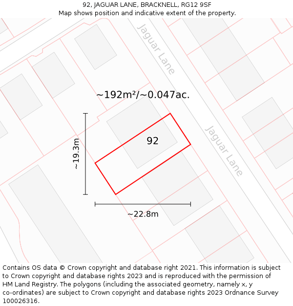 92, JAGUAR LANE, BRACKNELL, RG12 9SF: Plot and title map