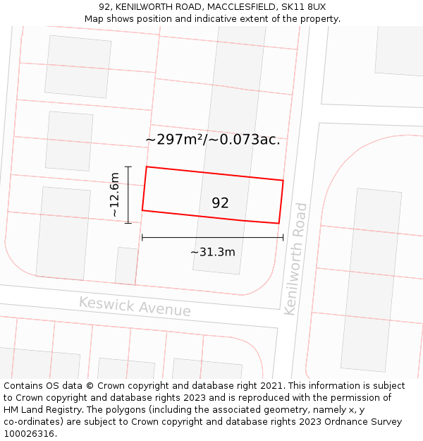 92, KENILWORTH ROAD, MACCLESFIELD, SK11 8UX: Plot and title map
