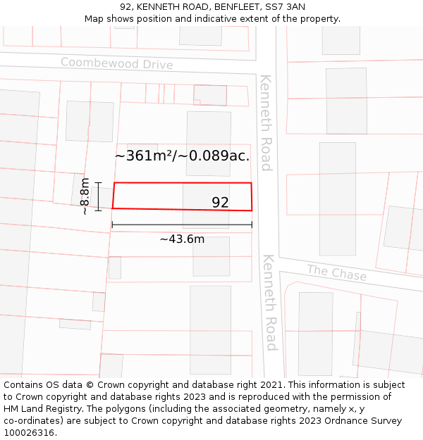 92, KENNETH ROAD, BENFLEET, SS7 3AN: Plot and title map