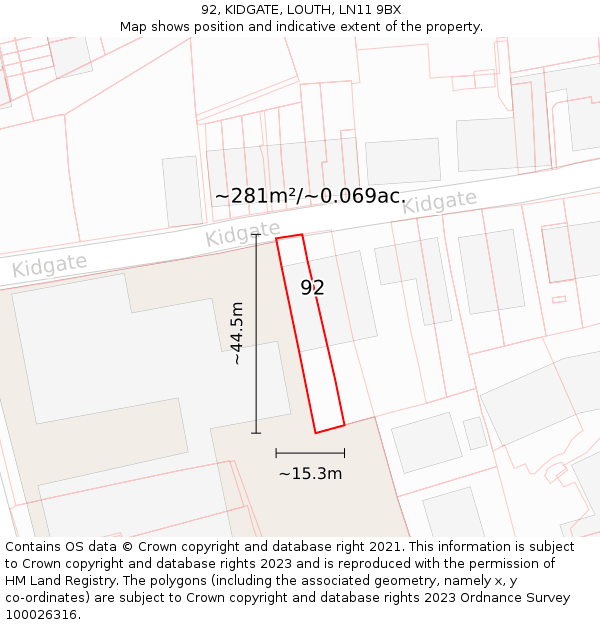 92, KIDGATE, LOUTH, LN11 9BX: Plot and title map