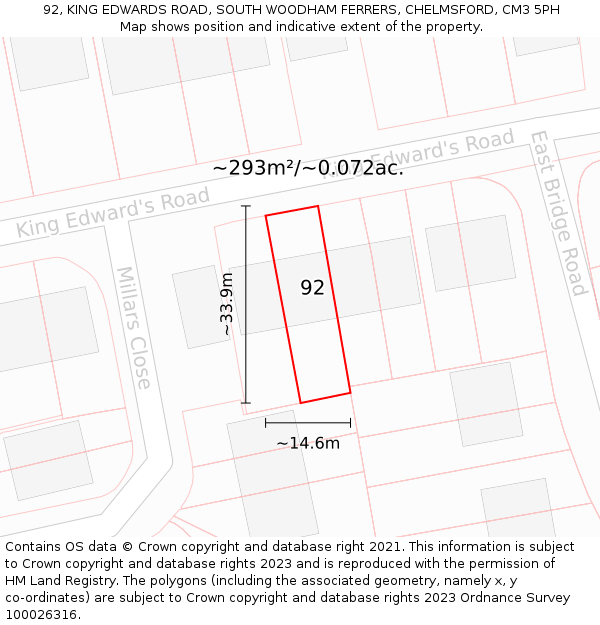 92, KING EDWARDS ROAD, SOUTH WOODHAM FERRERS, CHELMSFORD, CM3 5PH: Plot and title map