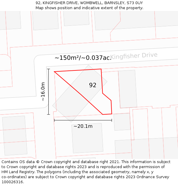 92, KINGFISHER DRIVE, WOMBWELL, BARNSLEY, S73 0UY: Plot and title map