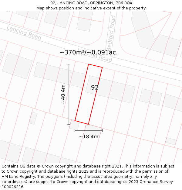 92, LANCING ROAD, ORPINGTON, BR6 0QX: Plot and title map