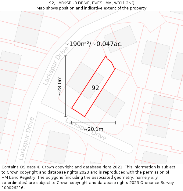 92, LARKSPUR DRIVE, EVESHAM, WR11 2NQ: Plot and title map