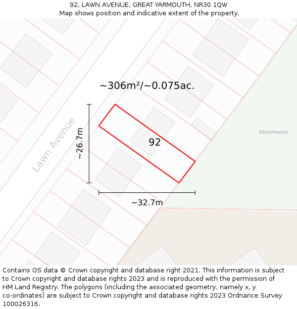 92, LAWN AVENUE, GREAT YARMOUTH, NR30 1QW: Plot and title map