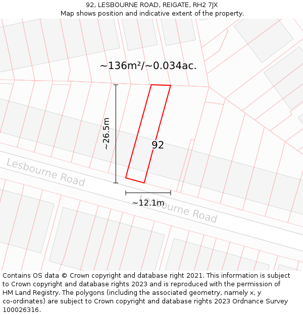 92, LESBOURNE ROAD, REIGATE, RH2 7JX: Plot and title map