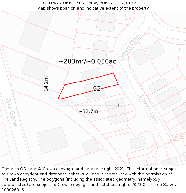 92, LLWYN ONN, TYLA GARW, PONTYCLUN, CF72 9EU: Plot and title map