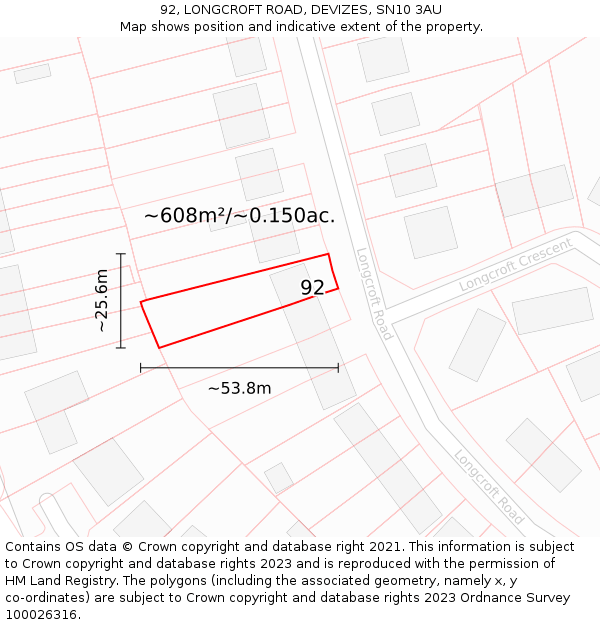 92, LONGCROFT ROAD, DEVIZES, SN10 3AU: Plot and title map