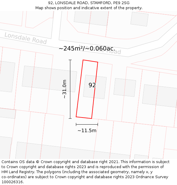 92, LONSDALE ROAD, STAMFORD, PE9 2SG: Plot and title map