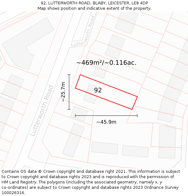 92, LUTTERWORTH ROAD, BLABY, LEICESTER, LE8 4DP: Plot and title map