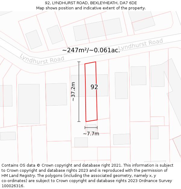 92, LYNDHURST ROAD, BEXLEYHEATH, DA7 6DE: Plot and title map