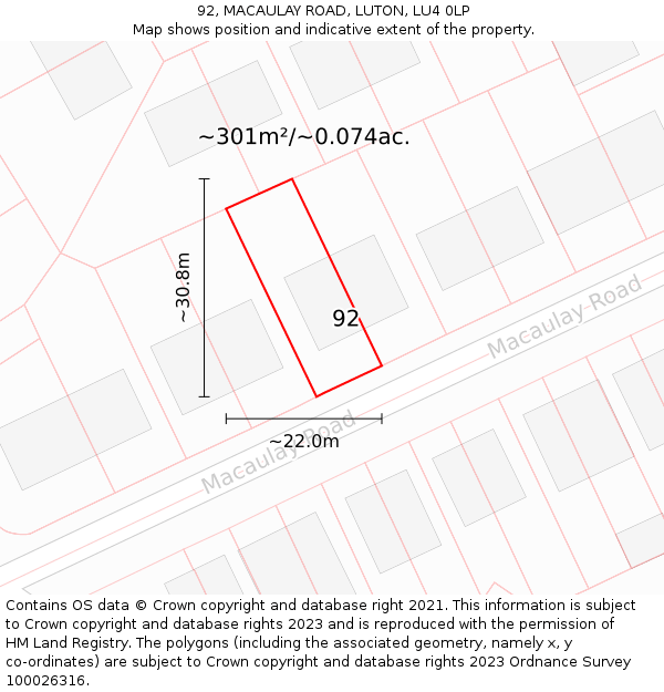 92, MACAULAY ROAD, LUTON, LU4 0LP: Plot and title map