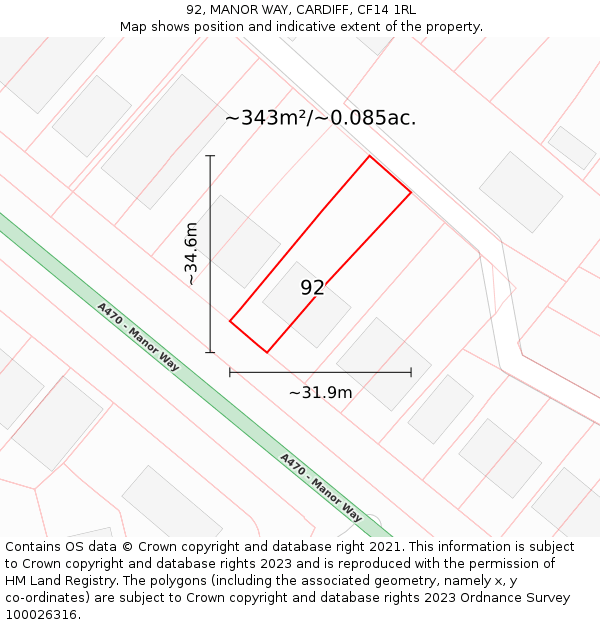92, MANOR WAY, CARDIFF, CF14 1RL: Plot and title map