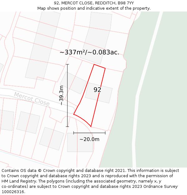 92, MERCOT CLOSE, REDDITCH, B98 7YY: Plot and title map