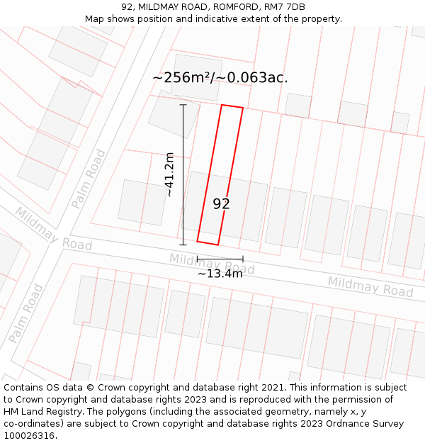 92, MILDMAY ROAD, ROMFORD, RM7 7DB: Plot and title map