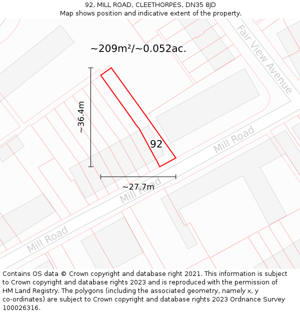 92, MILL ROAD, CLEETHORPES, DN35 8JD: Plot and title map