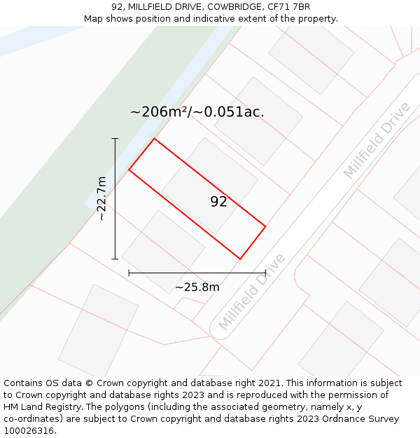 92, MILLFIELD DRIVE, COWBRIDGE, CF71 7BR: Plot and title map