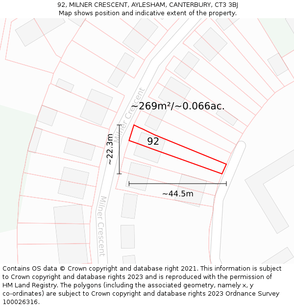 92, MILNER CRESCENT, AYLESHAM, CANTERBURY, CT3 3BJ: Plot and title map