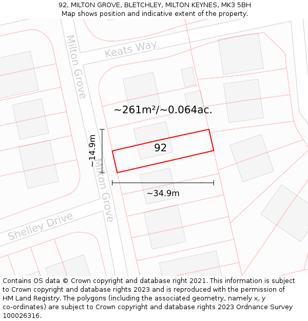 92, MILTON GROVE, BLETCHLEY, MILTON KEYNES, MK3 5BH: Plot and title map