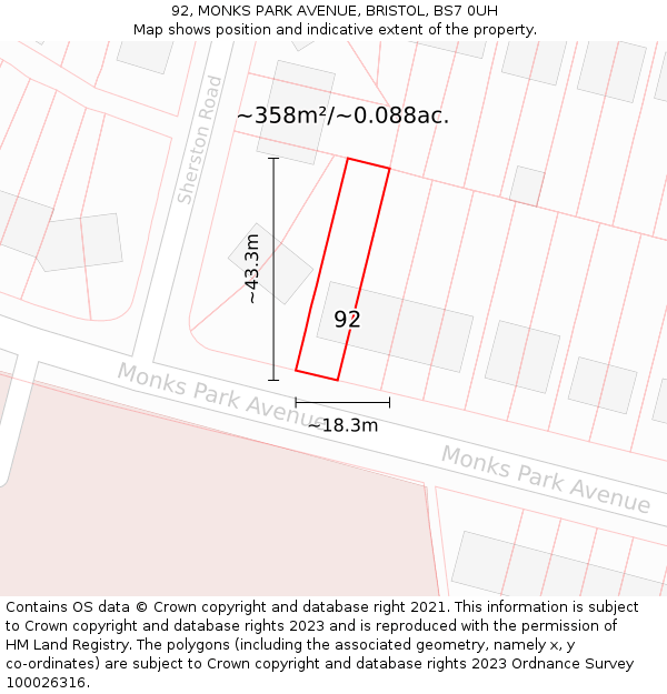 92, MONKS PARK AVENUE, BRISTOL, BS7 0UH: Plot and title map