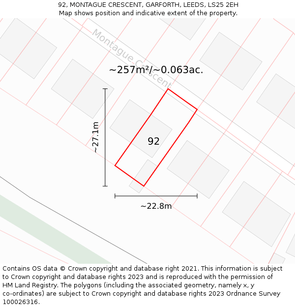92, MONTAGUE CRESCENT, GARFORTH, LEEDS, LS25 2EH: Plot and title map