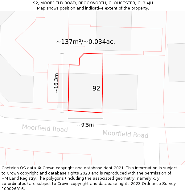 92, MOORFIELD ROAD, BROCKWORTH, GLOUCESTER, GL3 4JH: Plot and title map