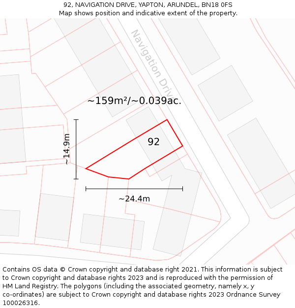 92, NAVIGATION DRIVE, YAPTON, ARUNDEL, BN18 0FS: Plot and title map
