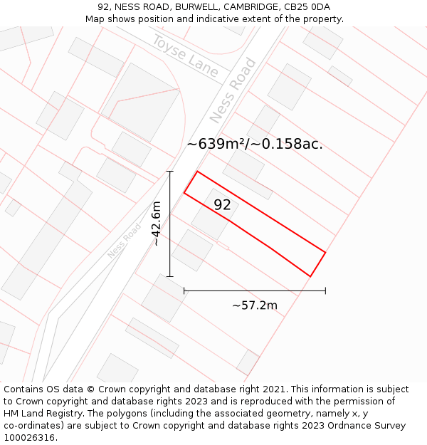92, NESS ROAD, BURWELL, CAMBRIDGE, CB25 0DA: Plot and title map