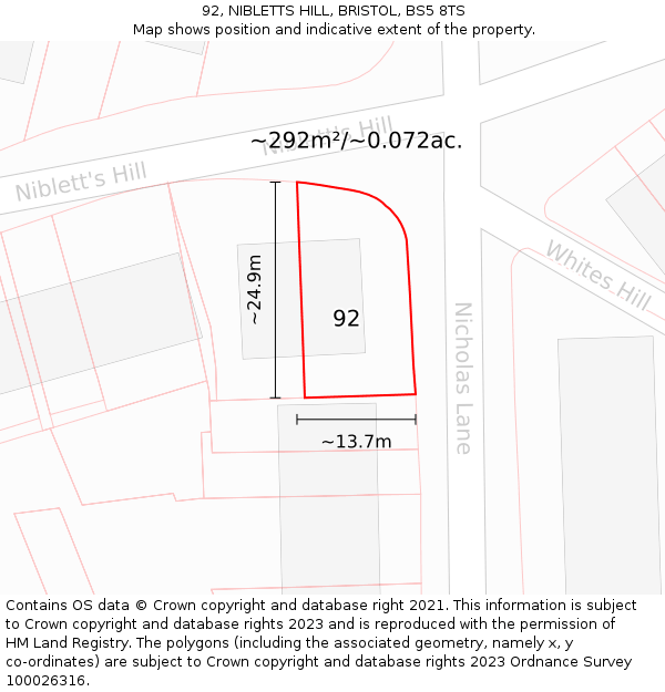 92, NIBLETTS HILL, BRISTOL, BS5 8TS: Plot and title map