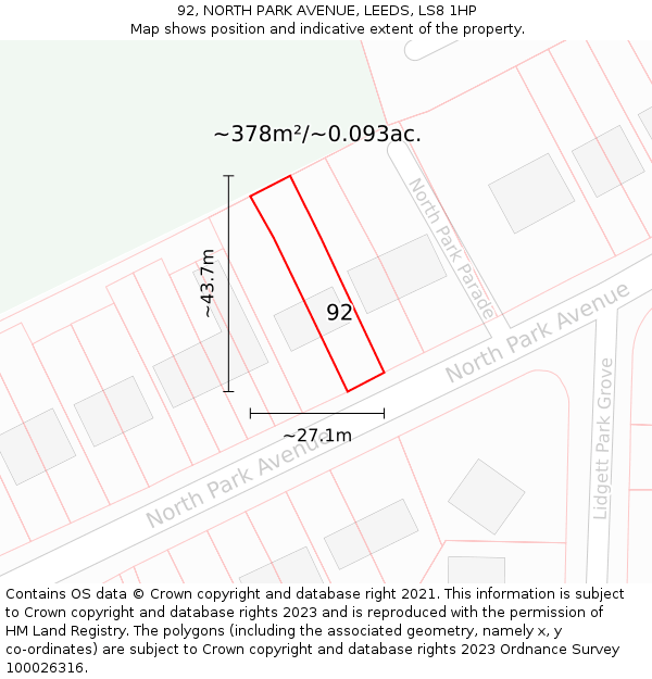 92, NORTH PARK AVENUE, LEEDS, LS8 1HP: Plot and title map