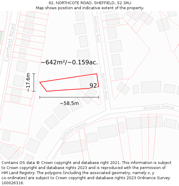 92, NORTHCOTE ROAD, SHEFFIELD, S2 3AU: Plot and title map