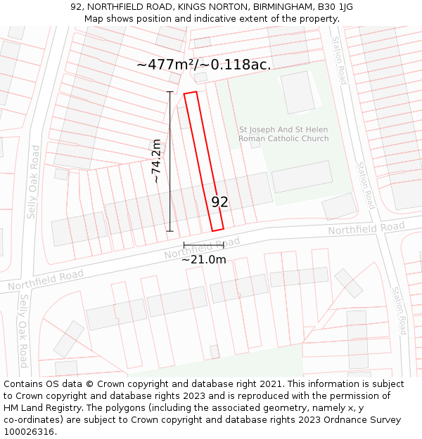 92, NORTHFIELD ROAD, KINGS NORTON, BIRMINGHAM, B30 1JG: Plot and title map