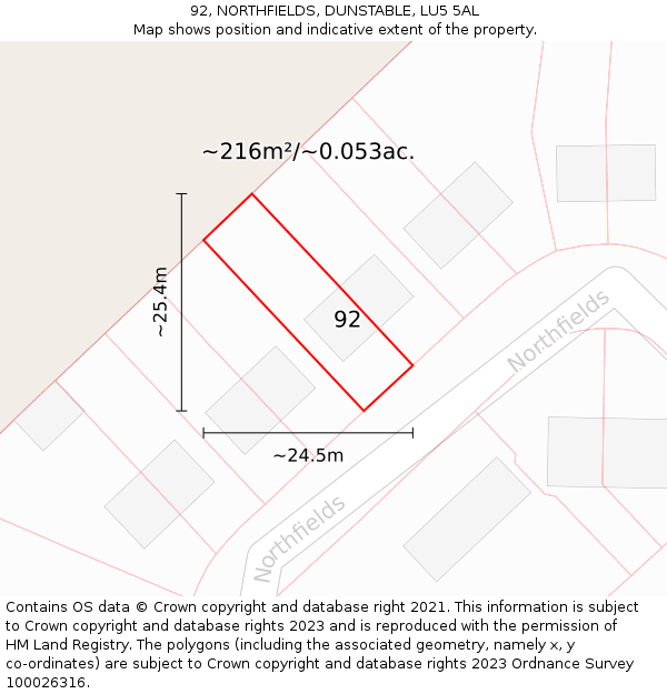 92, NORTHFIELDS, DUNSTABLE, LU5 5AL: Plot and title map