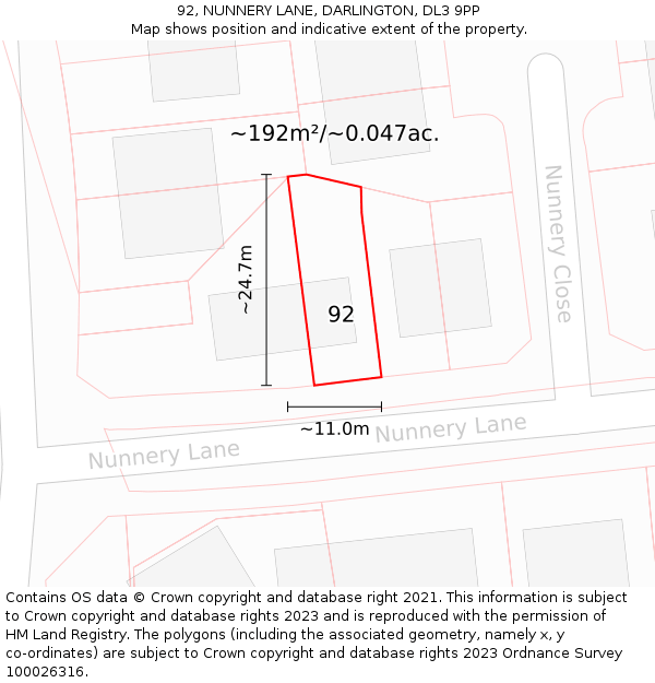 92, NUNNERY LANE, DARLINGTON, DL3 9PP: Plot and title map