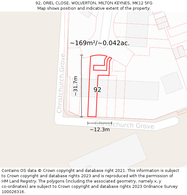 92, ORIEL CLOSE, WOLVERTON, MILTON KEYNES, MK12 5FG: Plot and title map