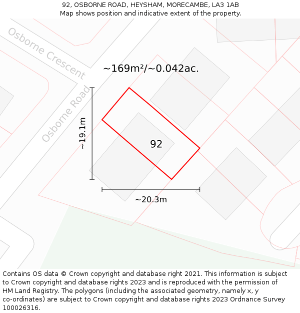 92, OSBORNE ROAD, HEYSHAM, MORECAMBE, LA3 1AB: Plot and title map